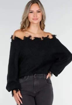 Zwarte Off-Shoulder Trui met Franje Detail