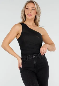Zwarte One Shoulder Body met Drapering in Mesh Stretch