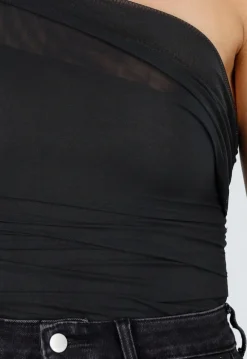 Zwarte One Shoulder Body met Drapering in Mesh Stretch