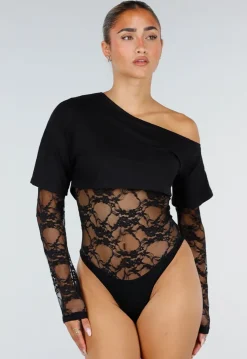 Zwarte One Shoulder Body met Kant en Drukknoopsluiting
