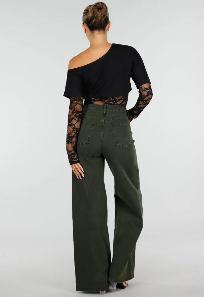 Zwarte One Shoulder Body met Kant en Drukknoopsluiting