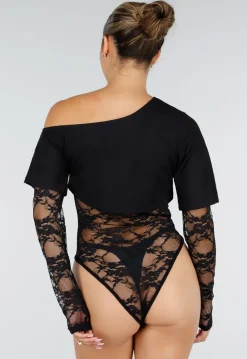 Zwarte One Shoulder Body met Kant en Drukknoopsluiting