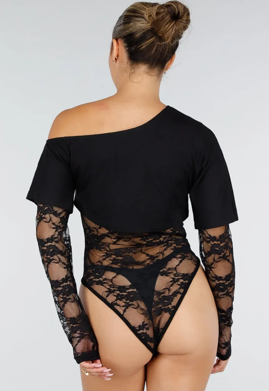 Zwarte One Shoulder Body met Kant en Drukknoopsluiting