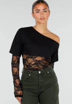 Zwarte One Shoulder Body met Kant en Drukknoopsluiting