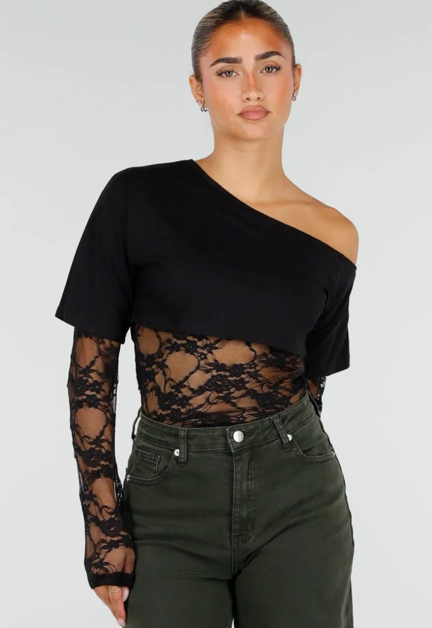 Zwarte One Shoulder Body met Kant en Drukknoopsluiting