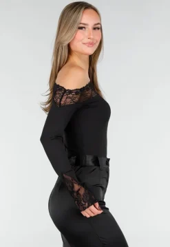 Zwarte One Shoulder Body met Lange Mouw en Kantdetails