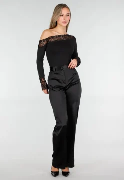 Zwarte One Shoulder Body met Lange Mouw en Kantdetails