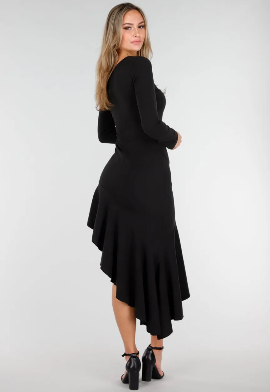 Zwarte One Shoulder Fleece Maxi Jurk met Asymmetrische Zoom en Stretch