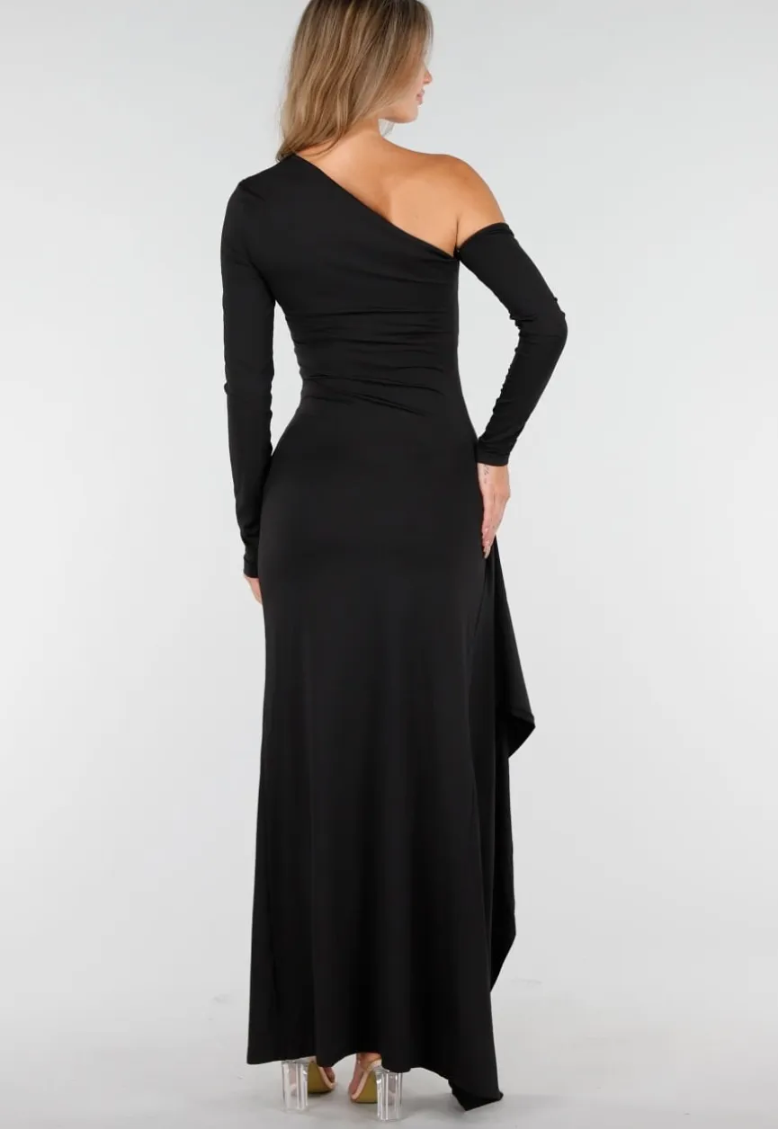 Zwarte One Shoulder Jurk met Split en Lange Mouw