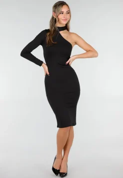 Zwarte One Shoulder Midi Jurk met Lange Mouw