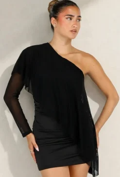 Zwarte One Shoulder Mini Jurk met Mesh Mouw en Drapering