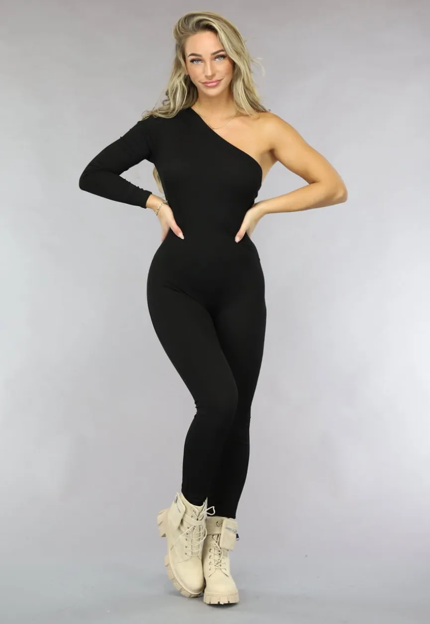 Zwarte One Shoulder Ribstof Jumpsuit