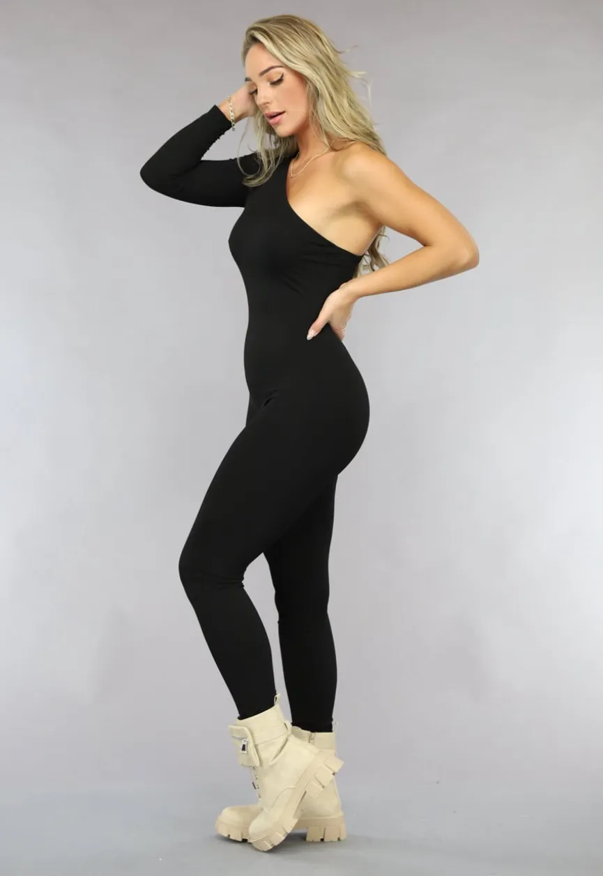 Zwarte One Shoulder Ribstof Jumpsuit