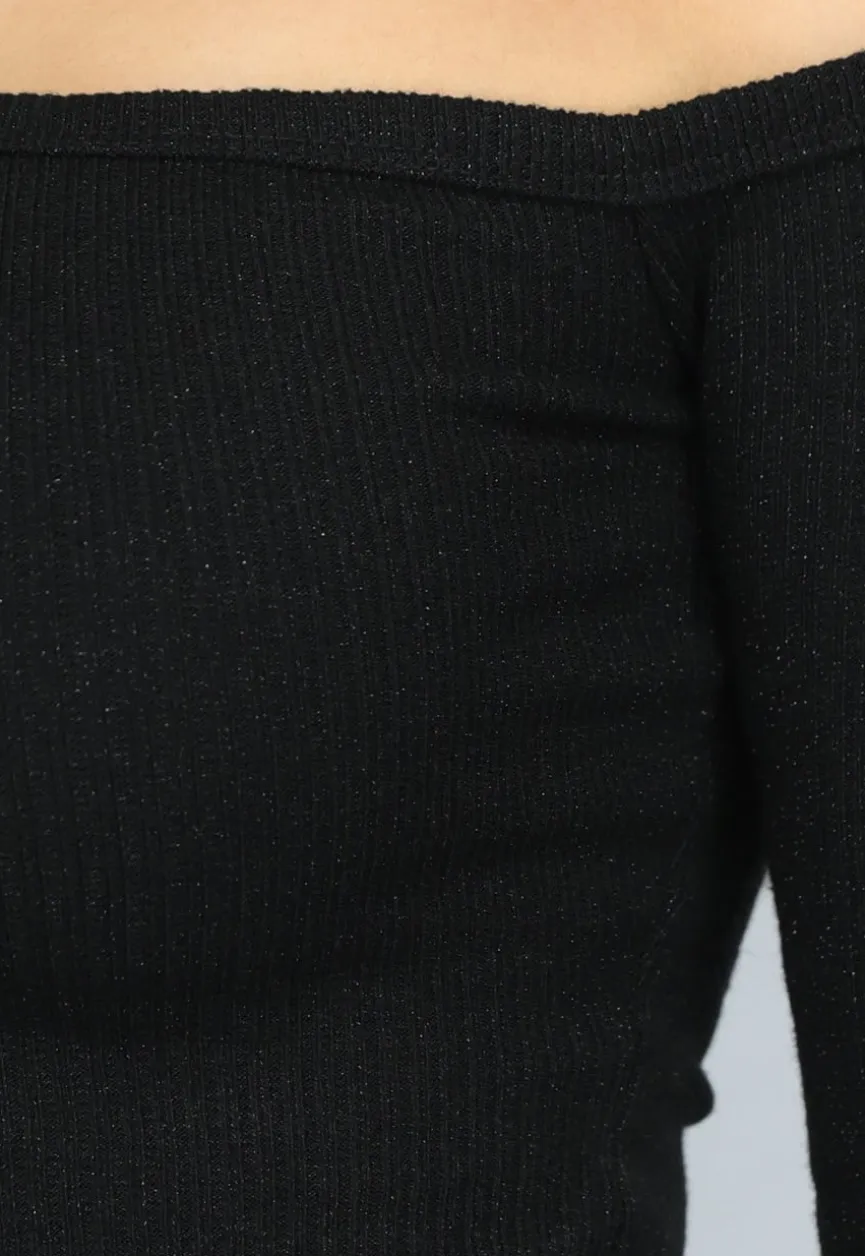 Zwarte One Shoulder Ribstof Top met Shimmer