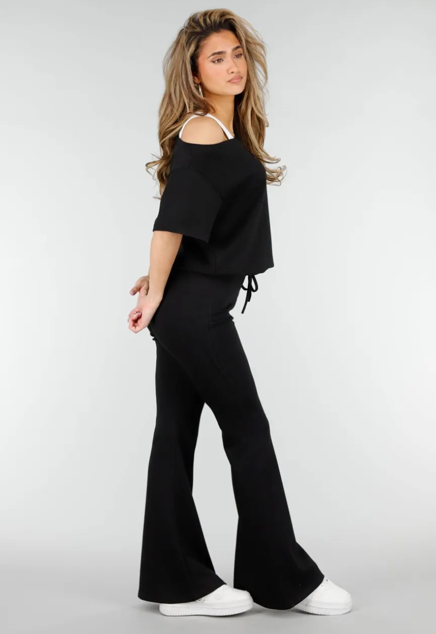 Zwarte One Shoulder Top met Ingewerkte Top en Stretch