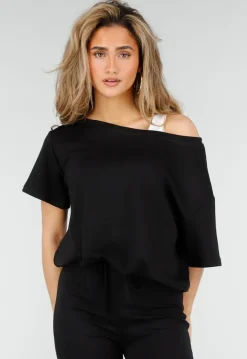 Zwarte One Shoulder Top met Ingewerkte Top en Stretch
