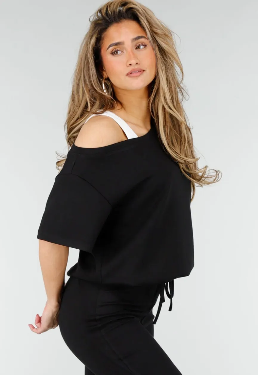 Zwarte One Shoulder Top met Ingewerkte Top en Stretch