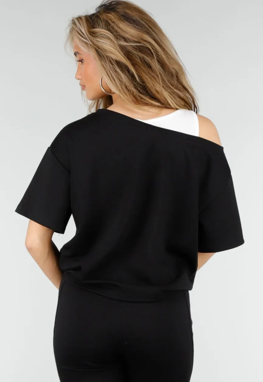 Zwarte One Shoulder Top met Ingewerkte Top en Stretch