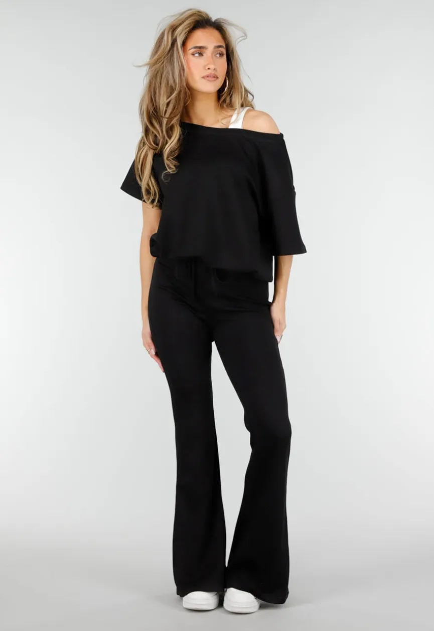 Zwarte One Shoulder Top met Ingewerkte Top en Stretch