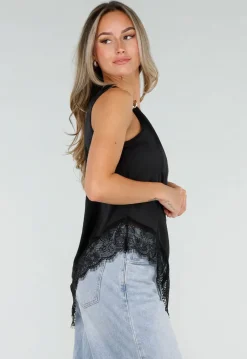 Zwarte One Shoulder Top met Kanten Zoom