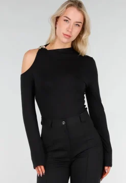 Zwarte One Shoulder Top met Lange Mouwen en Ring
