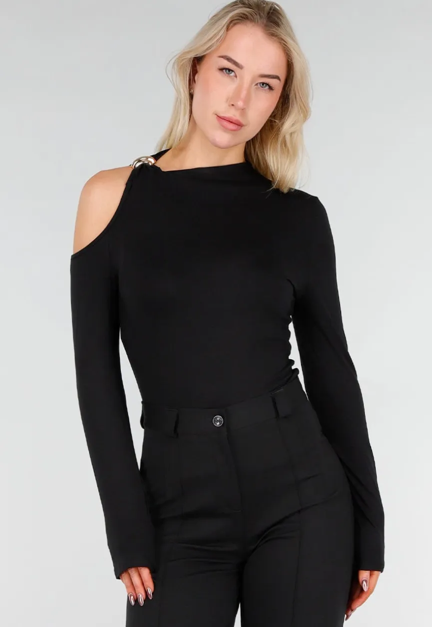 Zwarte One Shoulder Top met Lange Mouwen en Ring