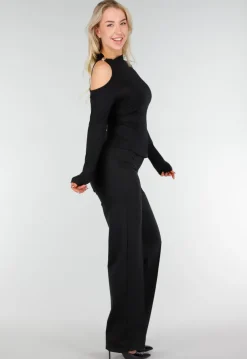 Zwarte One Shoulder Top met Lange Mouwen en Ring