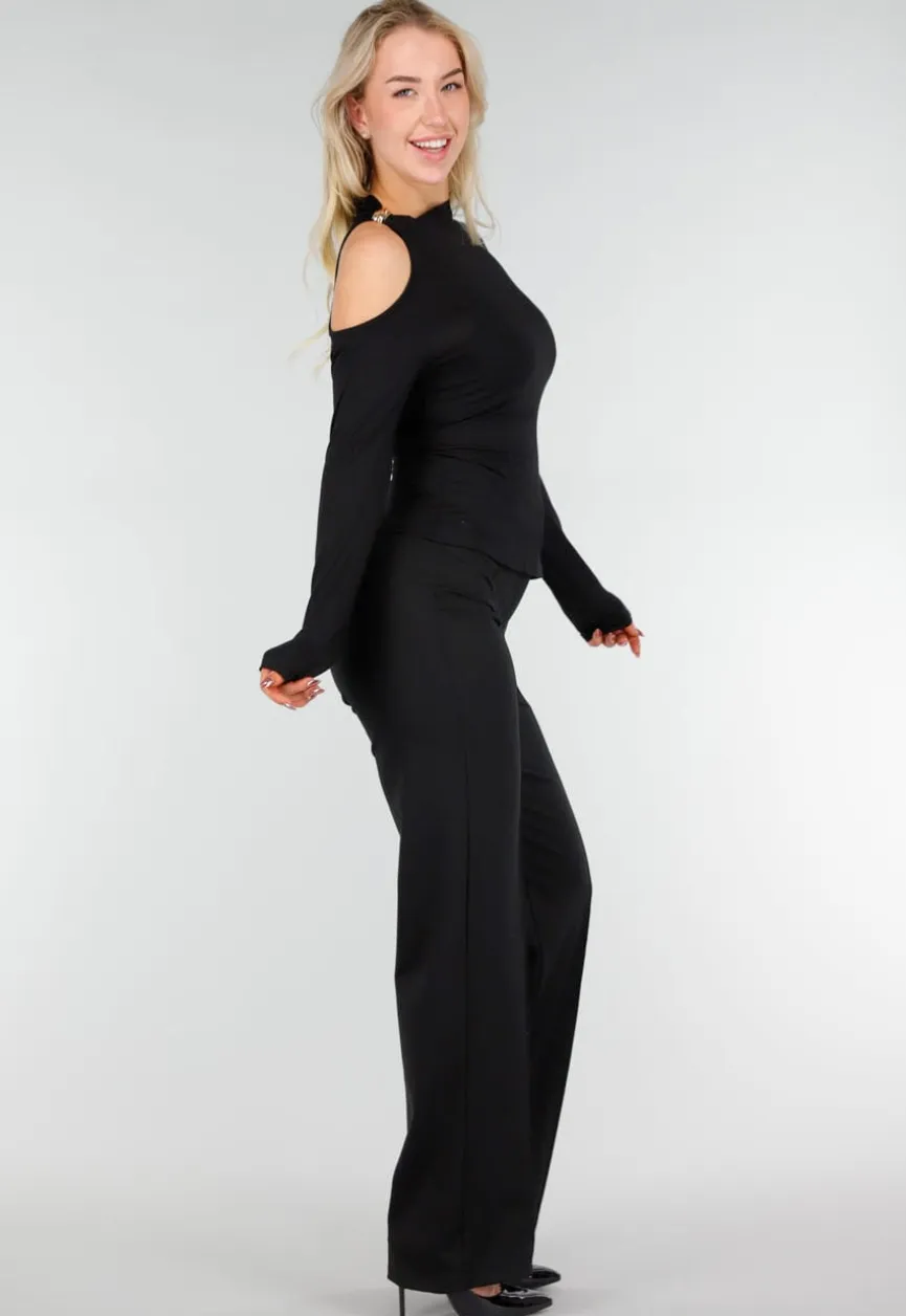 Zwarte One Shoulder Top met Lange Mouwen en Ring