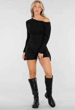 Zwarte One-Shoulder Top met Lange Mouwen