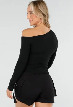 Zwarte One-Shoulder Top met Lange Mouwen