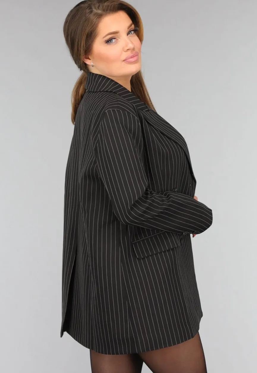 Zwarte Oversized Blazer met Krijtstreep