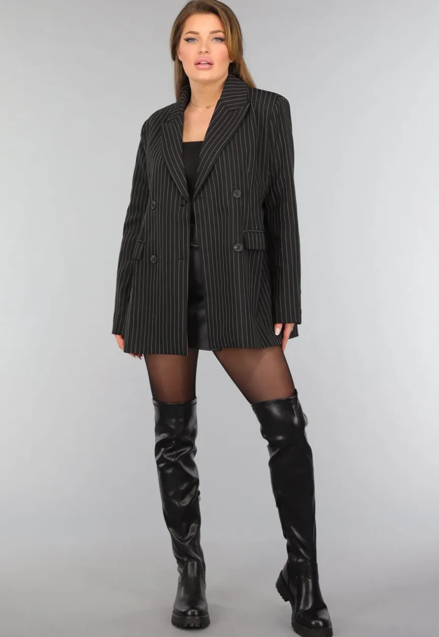 Zwarte Oversized Blazer met Krijtstreep