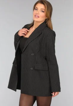 Zwarte Oversized Blazer met Krijtstreep