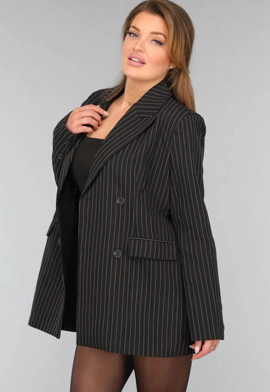 Zwarte Oversized Blazer met Krijtstreep