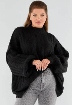 Zwarte Oversized Gebreide Trui met Colkraag en Kabelpatroon