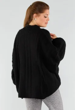 Zwarte Oversized Gebreide Trui met Colkraag en Kabelpatroon
