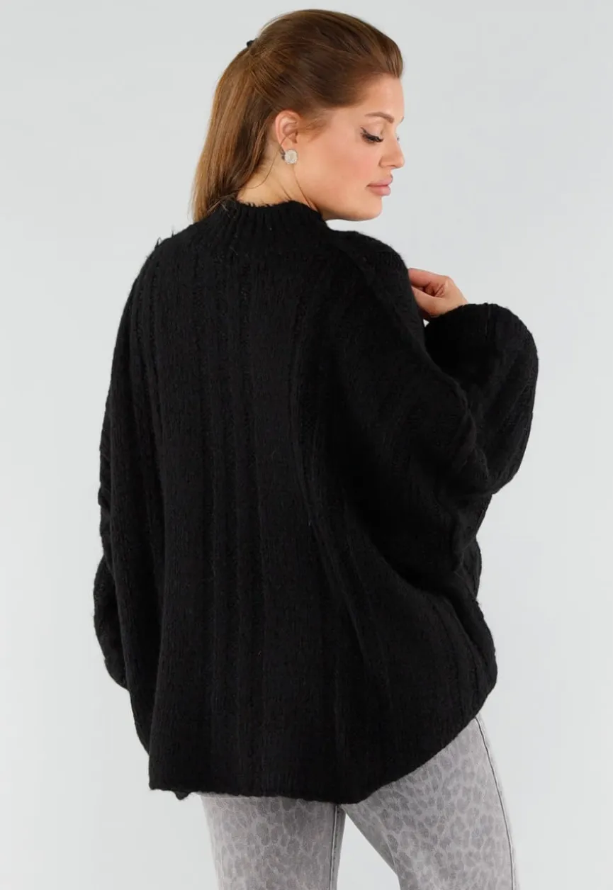 Zwarte Oversized Gebreide Trui met Colkraag en Kabelpatroon