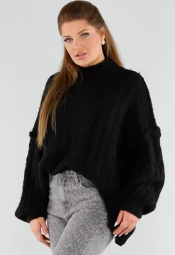 Zwarte Oversized Gebreide Trui met Colkraag en Kabelpatroon