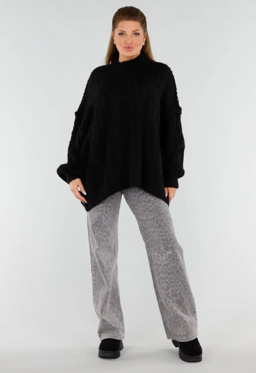 Zwarte Oversized Gebreide Trui met Colkraag en Kabelpatroon