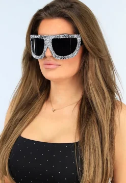Zwarte Oversized Skibril Zonnebril met Zilveren Glitters