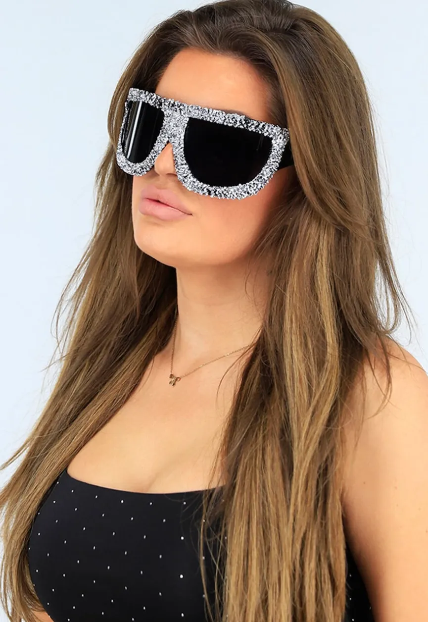 Zwarte Oversized Skibril Zonnebril met Zilveren Glitters