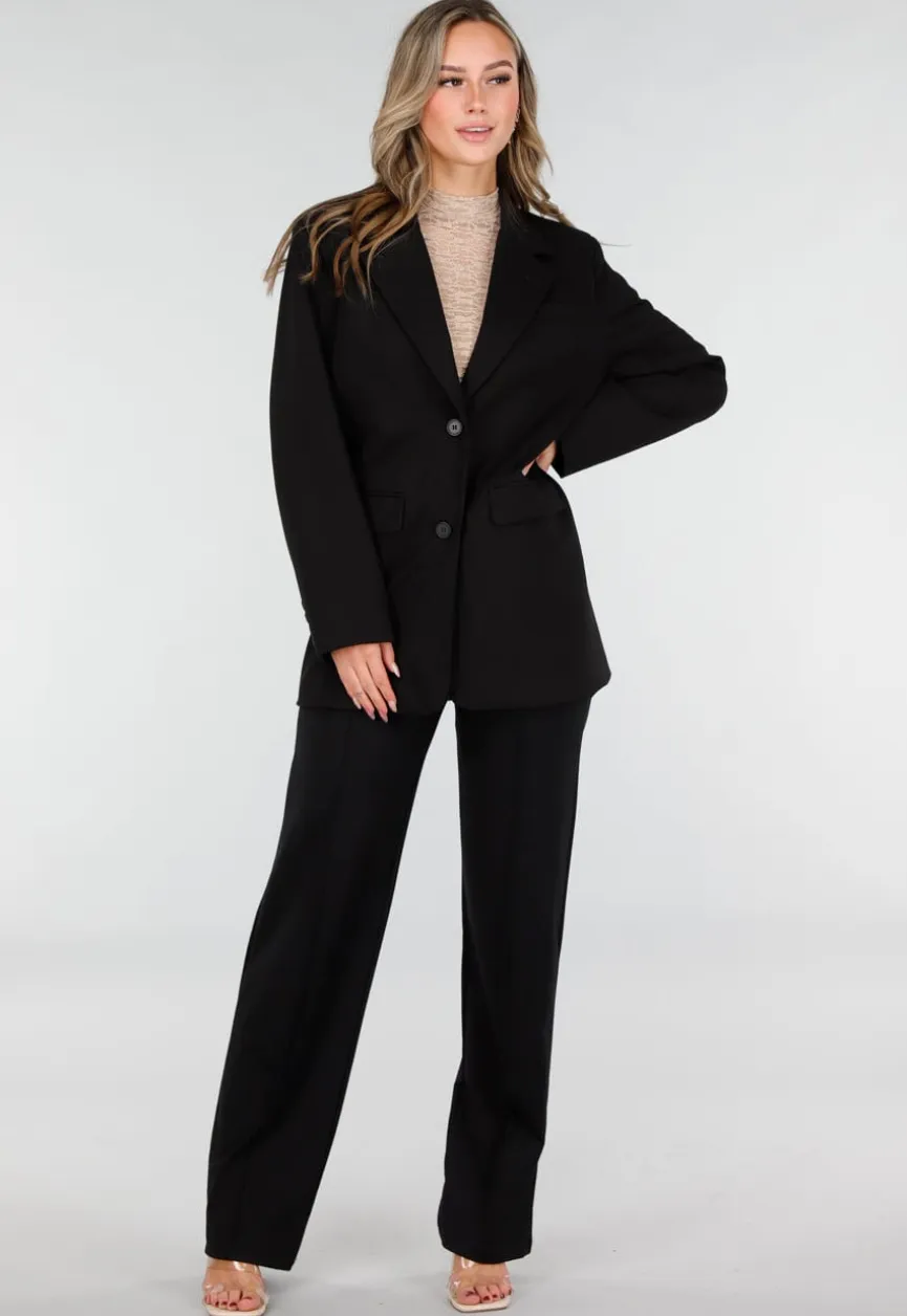 Zwarte Oversized Stretch Blazer met Schoudervullingen