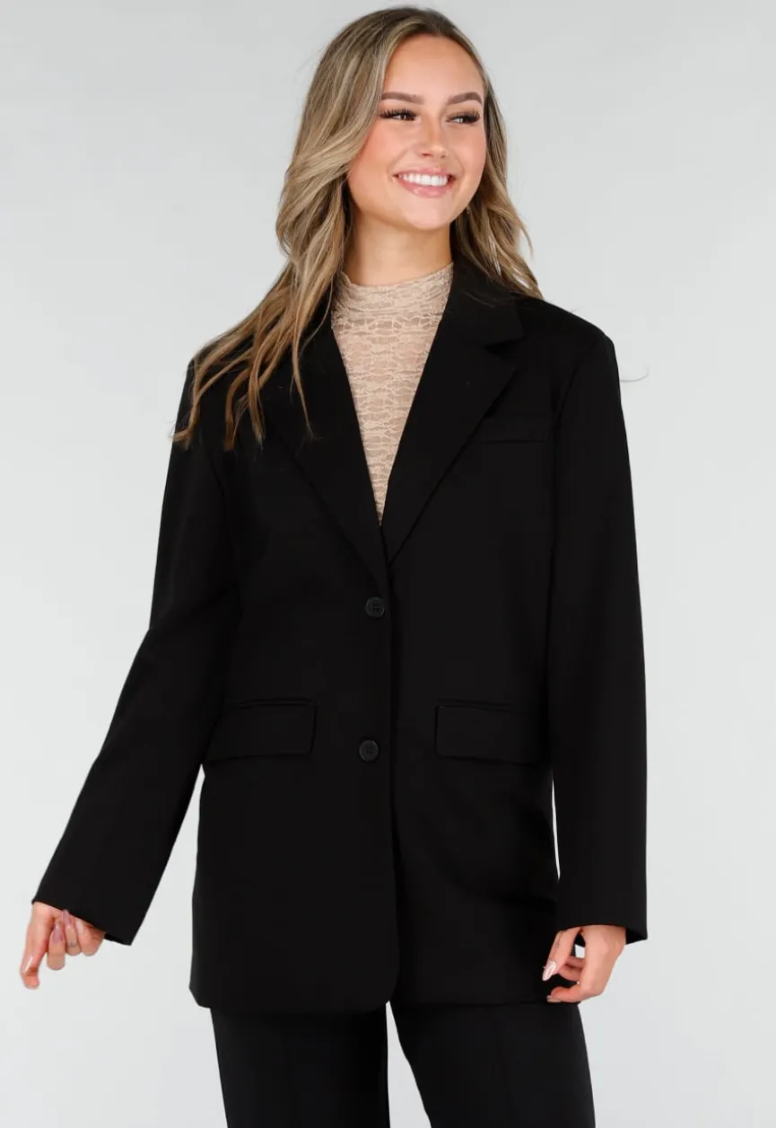 Zwarte Oversized Stretch Blazer met Schoudervullingen
