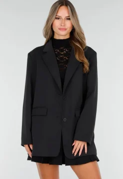 Zwarte Oversized Stretch Blazer met Schoudervullingen