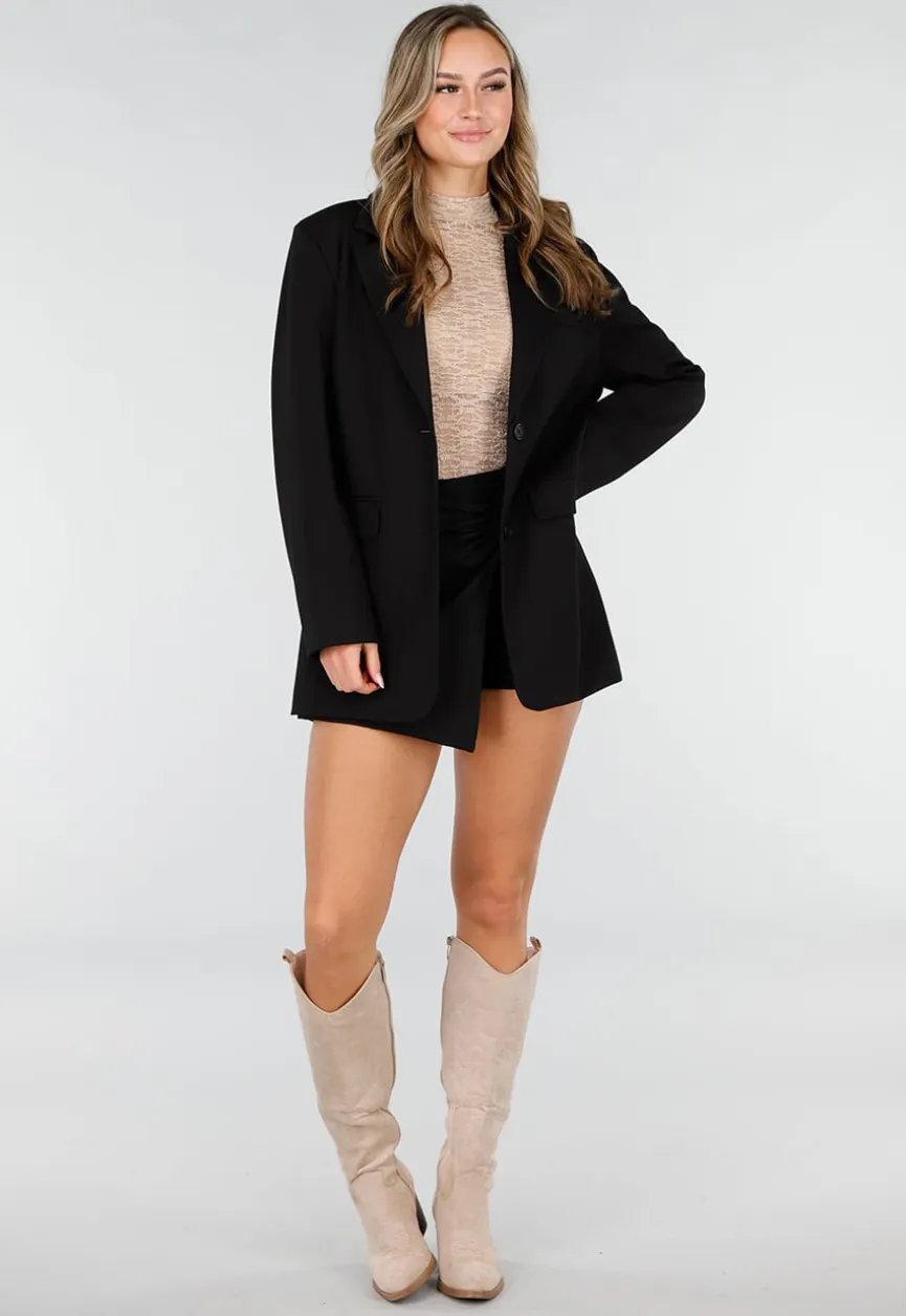 Zwarte Oversized Stretch Blazer met Schoudervullingen