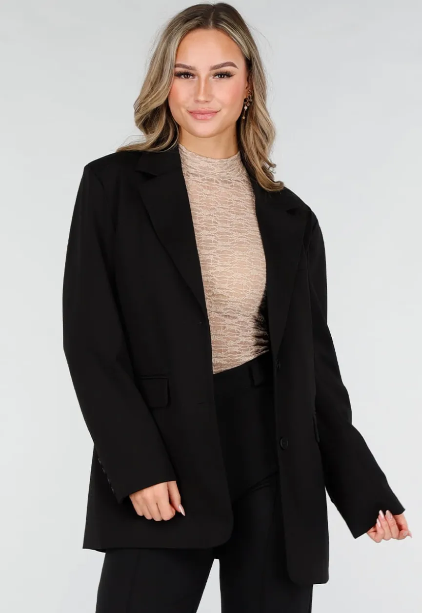 Zwarte Oversized Stretch Blazer met Schoudervullingen