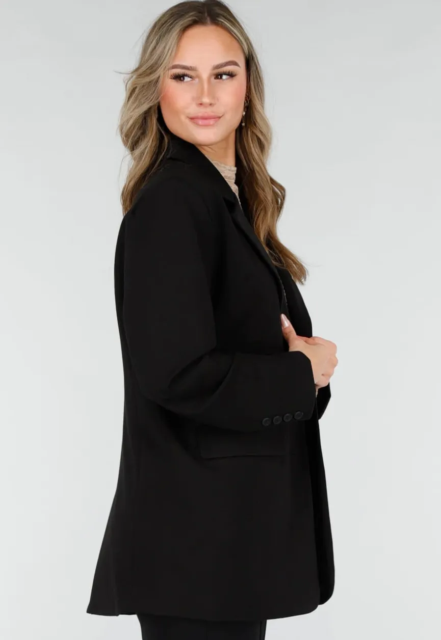 Zwarte Oversized Stretch Blazer met Schoudervullingen