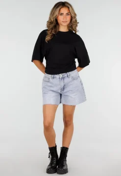 Zwarte Oversized Top met Halflange Mouwen en Ronde Hals