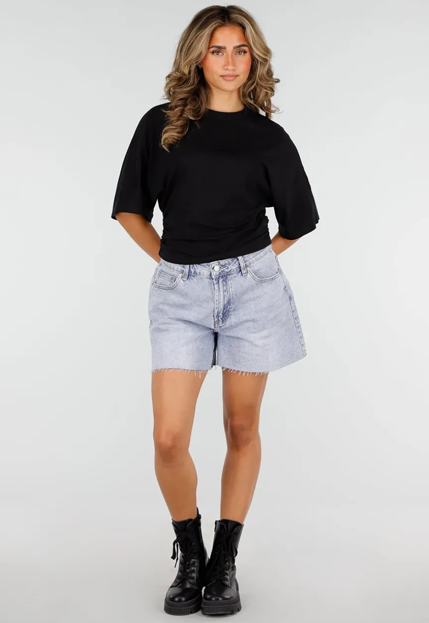 Zwarte Oversized Top met Halflange Mouwen en Ronde Hals
