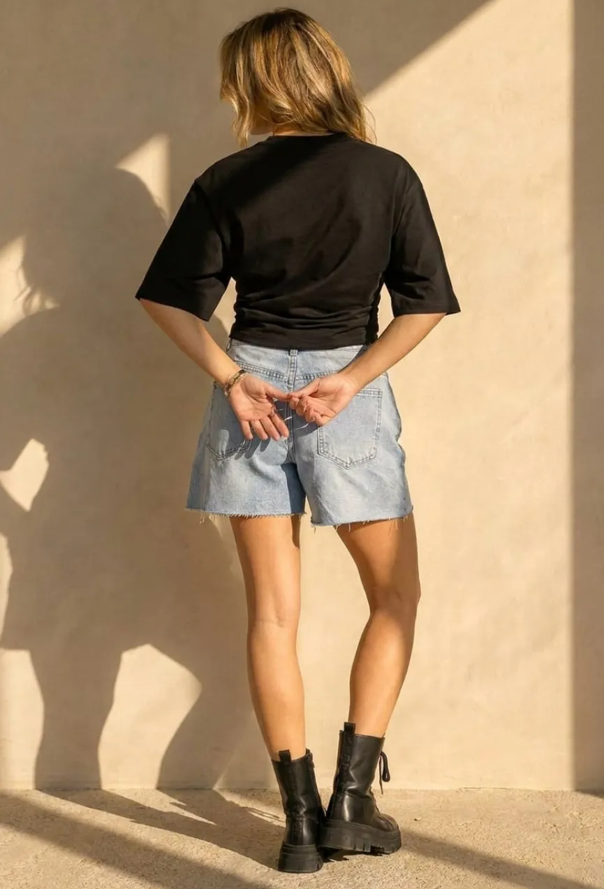 Zwarte Oversized Top met Halflange Mouwen en Ronde Hals